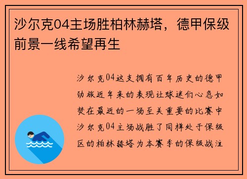 沙尔克04主场胜柏林赫塔，德甲保级前景一线希望再生