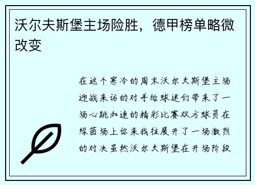 沃尔夫斯堡主场险胜，德甲榜单略微改变
